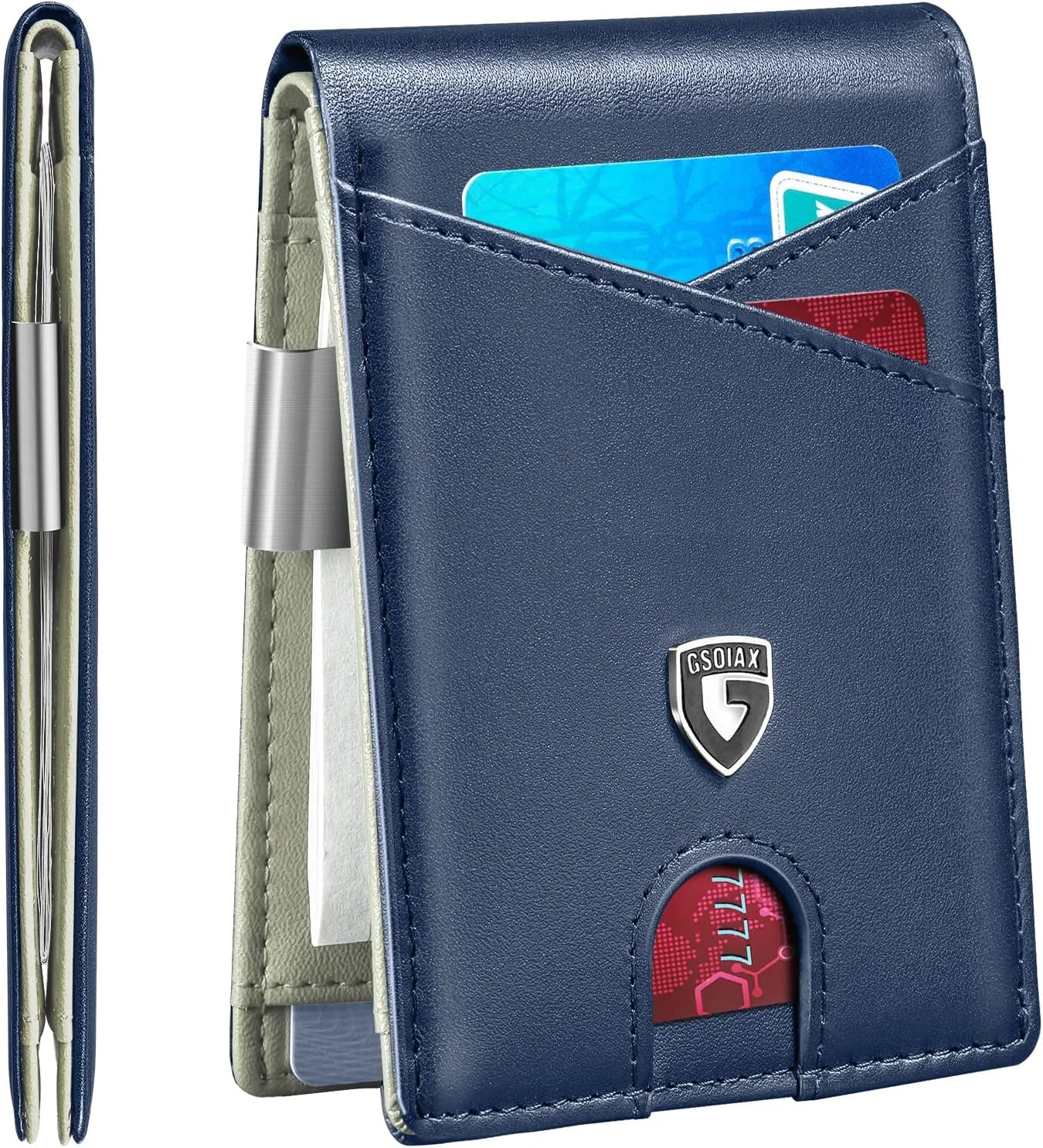 GSOIAX Slim Leather RFID Bifold Wallet for Men Minimalist Front Pocket Wallet with Money Clip, 12 Card Slots, ID Window, Cool Groove Design, Includes Gift Box(Dark Blue and Beige)