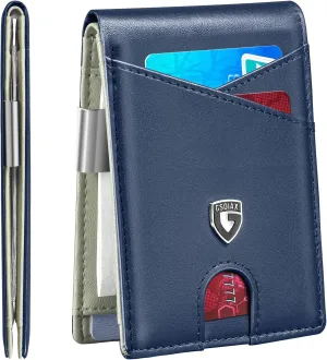 GSOIAX Slim Leather RFID Bifold Wallet for Men Minimalist Front Pocket Wallet with Money Clip, 12 Card Slots, ID Window, Cool Groove Design, Includes Gift Box(Dark Blue and Beige)