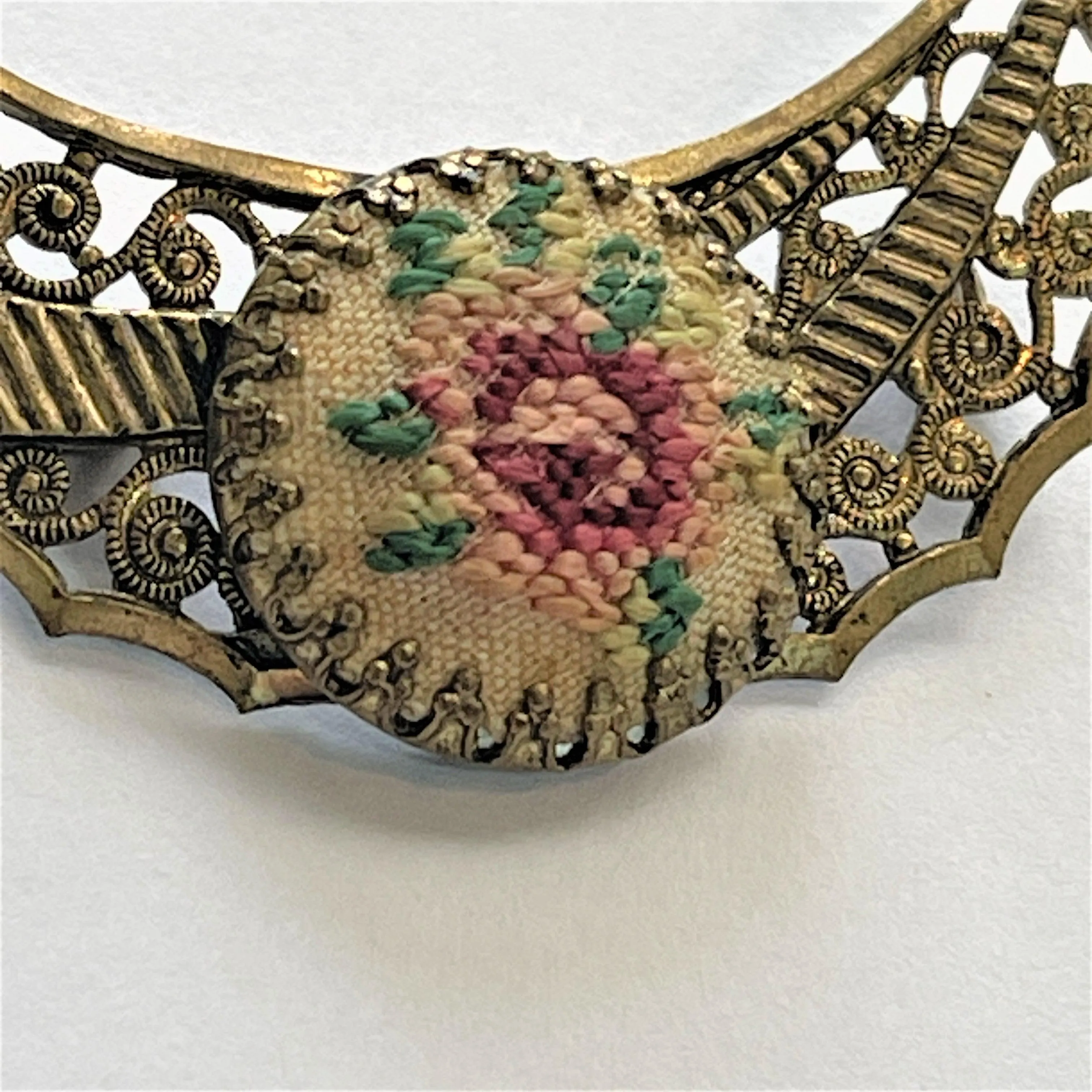 Hand Crafted "Petit Point" Tapestry French Needlework Vintage Brooch