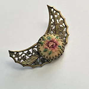 Hand Crafted "Petit Point" Tapestry French Needlework Vintage Brooch