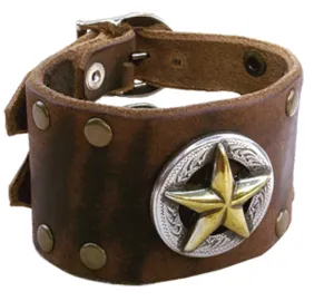 Handmade Leather Western Star Wristband with Double Buckle
