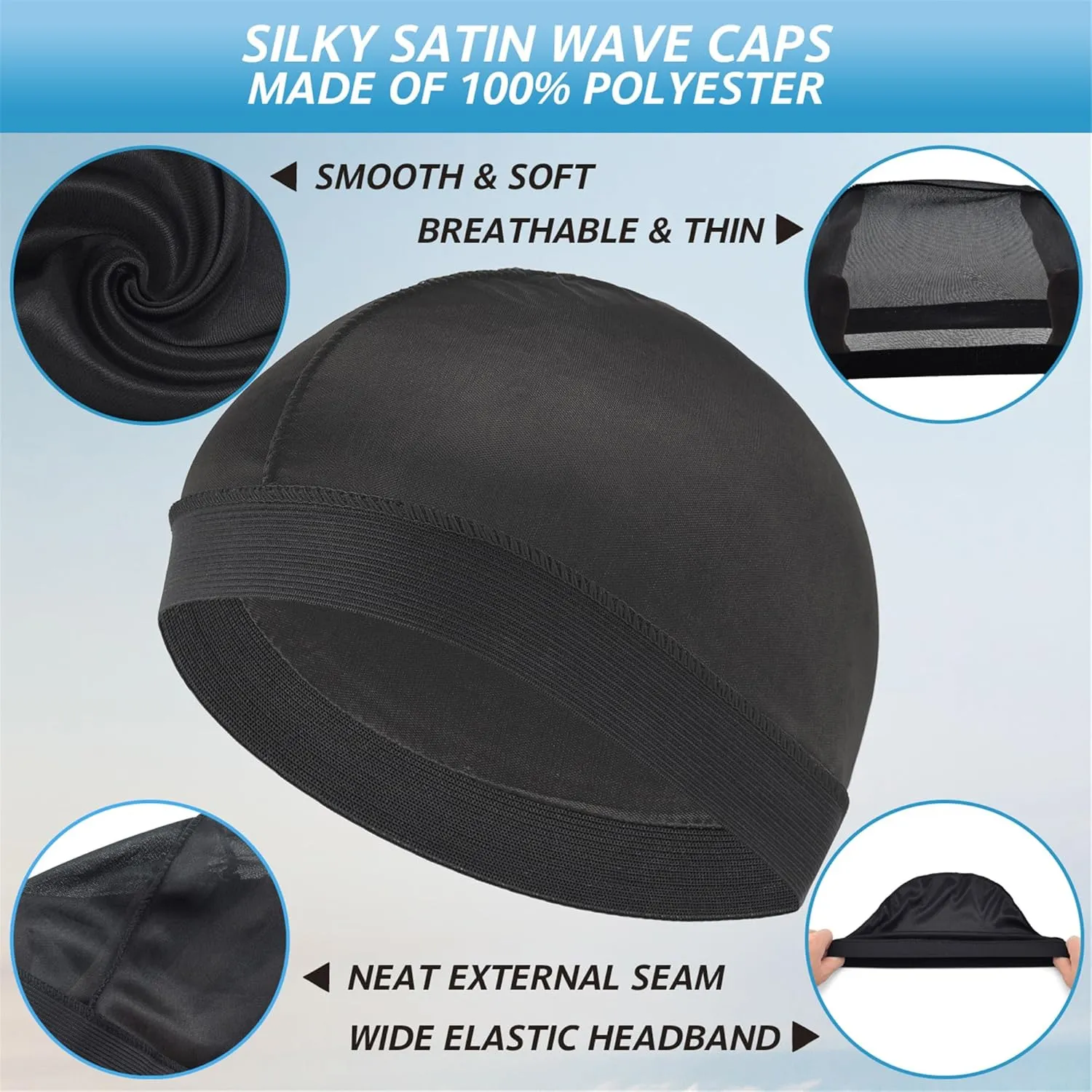 Headshion 4 Pack Wave Cap for Men 360 Waves, Silky Stocking Cap Compression Over Durag