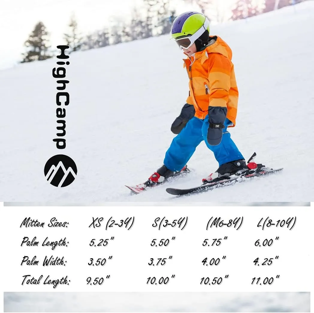 HIGHCAMP Kids Long Cuff Winter Gloves with Stay-on Strap Waterproof Mittens for Toddler Children Snow Ski