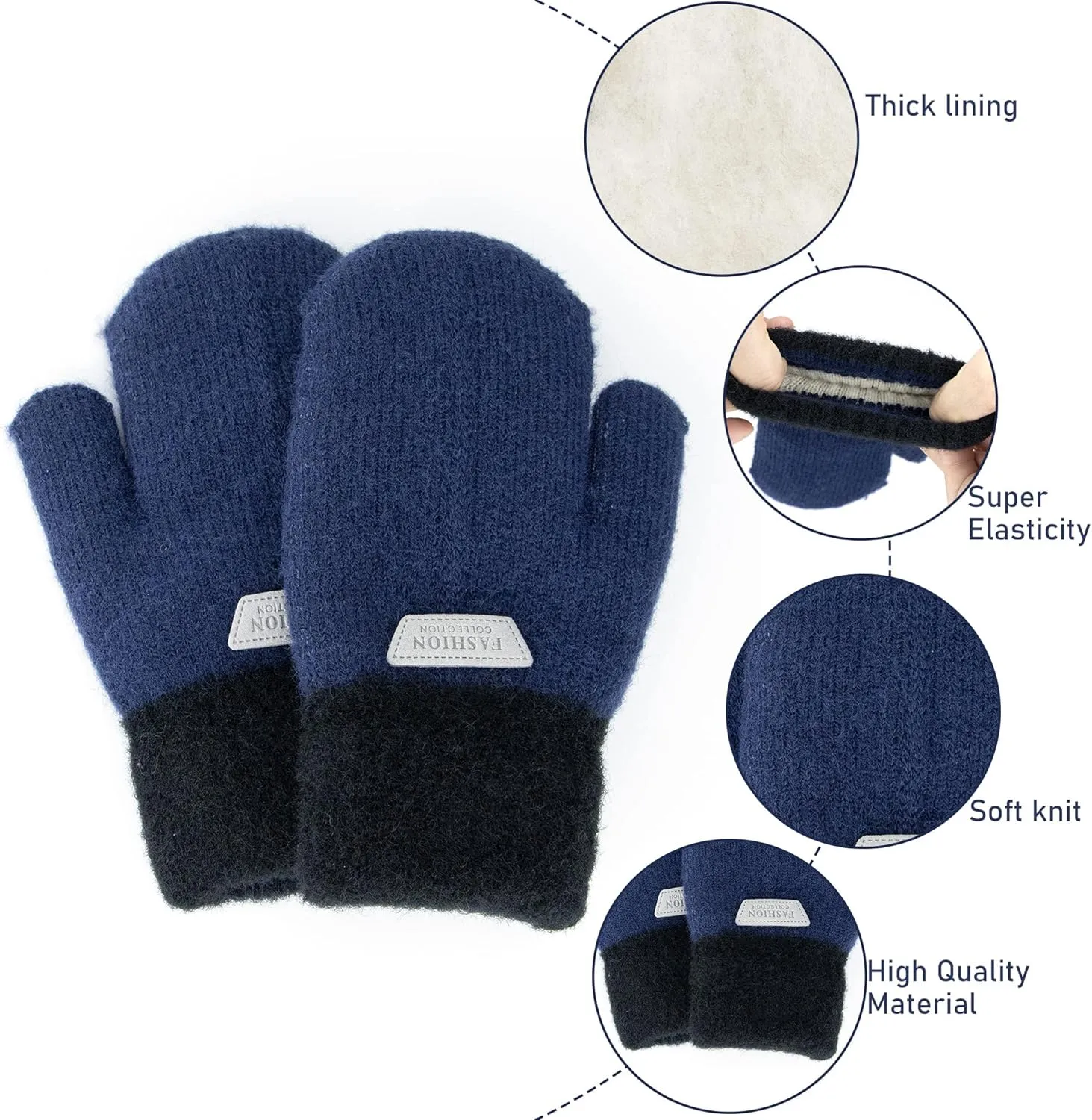INOGIH Kids Double Layer Warm Knit Mittens Girls Boys Winter Outdoor Gloves for 3-7 Years