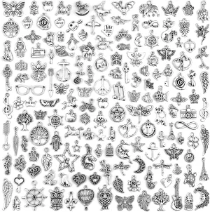 JIALEEY 200 PCS Wholesale Bulk Lots Jewelry Making Charms Mixed Smooth Tibetan Silver Metal Charms Pendants DIY for Necklace Bracelet Jewelry Making and Crafting