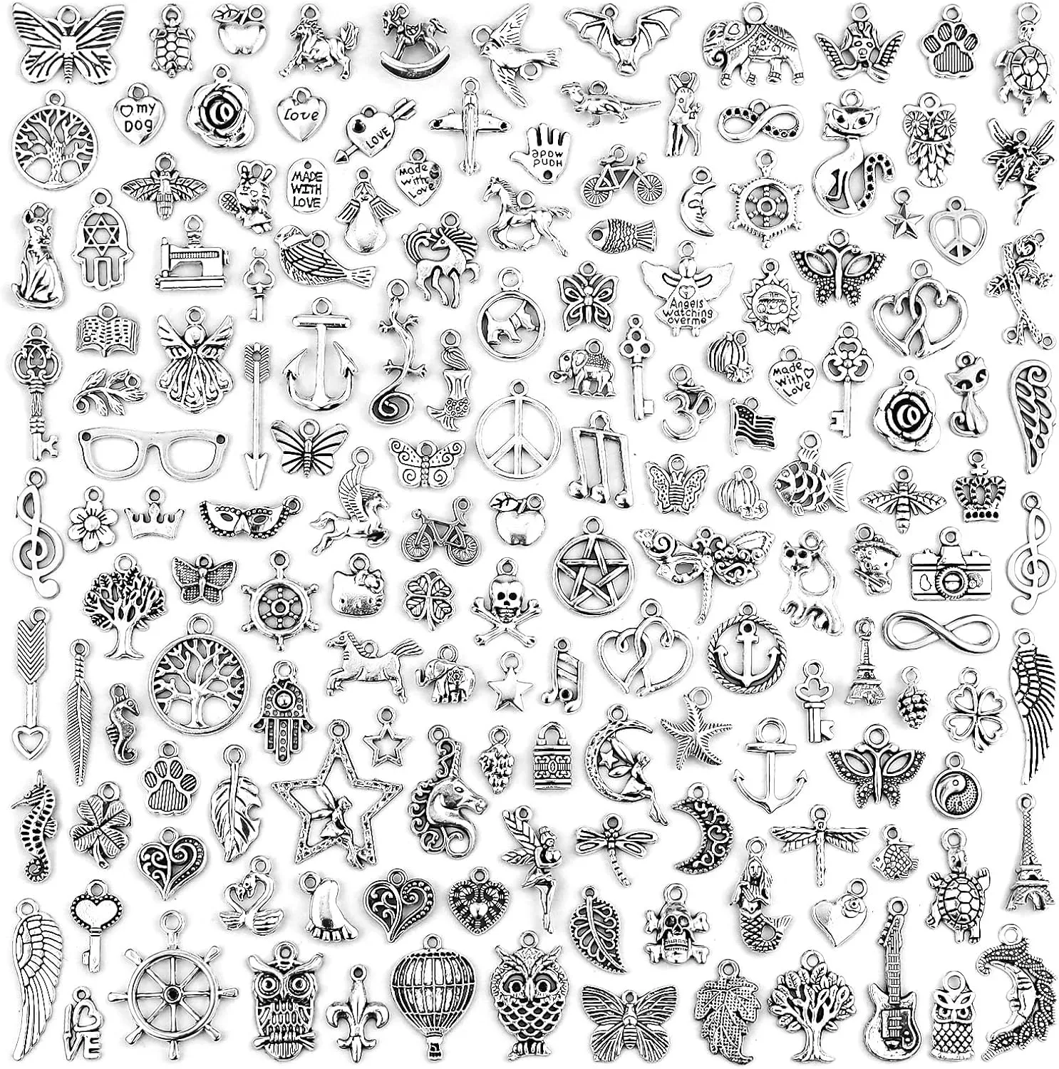 JIALEEY 200 PCS Wholesale Bulk Lots Jewelry Making Charms Mixed Smooth Tibetan Silver Metal Charms Pendants DIY for Necklace Bracelet Jewelry Making and Crafting