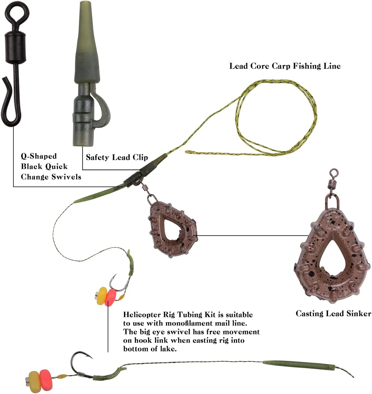 JSHANMEI Carp Fishing Rigs Kit with 2.8oz Sinker Weights, Hooks, Quick Change Swivels, Sleeves, Bait Corns, Boilie Leader Rigs, 6 Pieces Carp Fishing Equipment