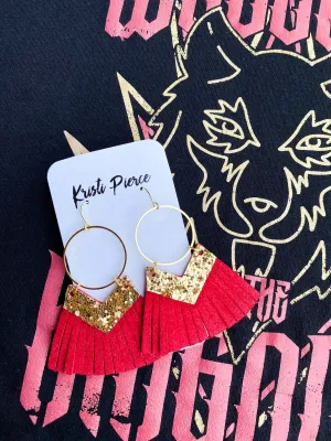 KC-Style Dainty Gold Circle with Gold Glitter Chevron & Genuine Leather Fringe Earrings