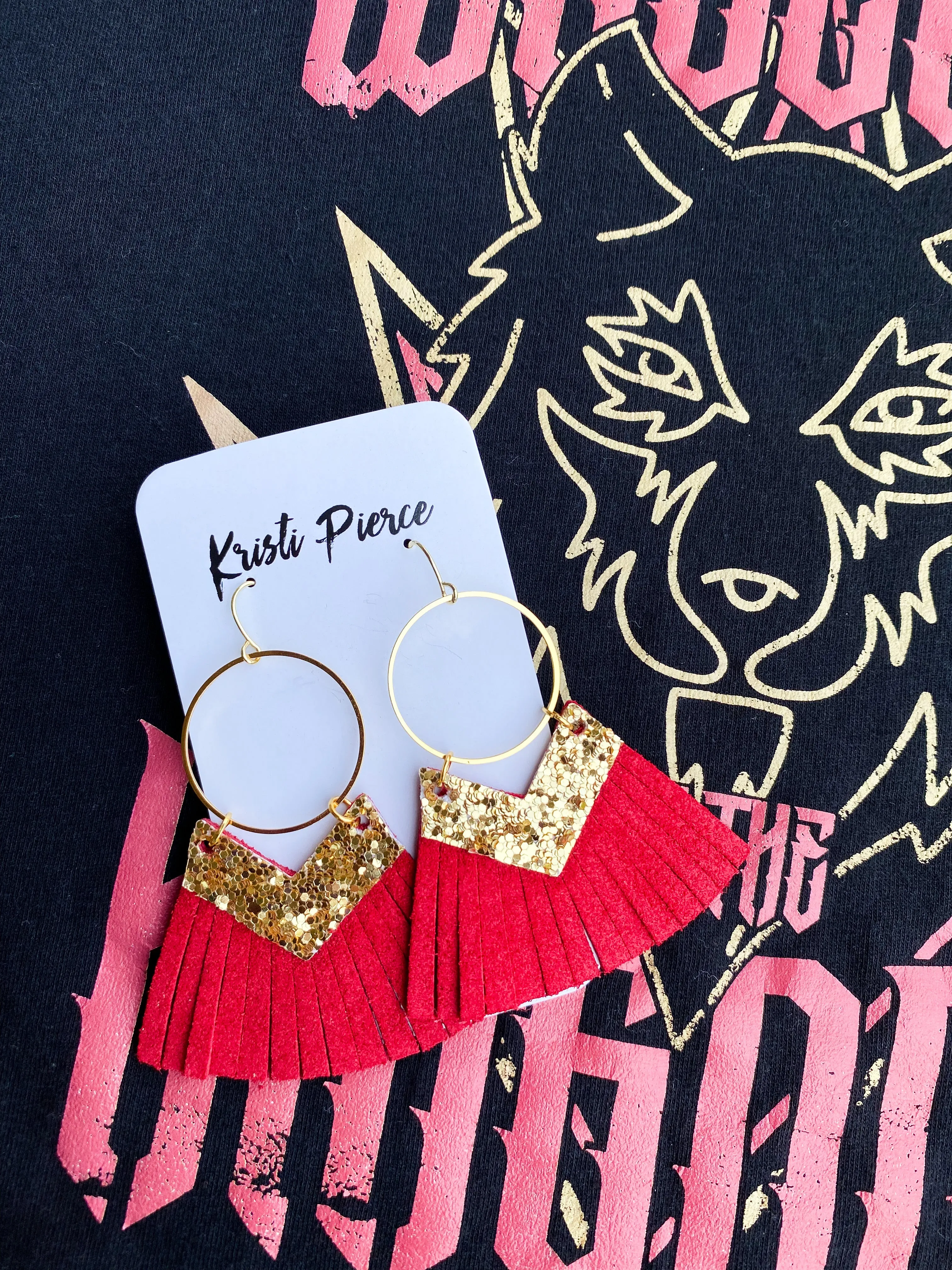 KC-Style Dainty Gold Circle with Gold Glitter Chevron & Genuine Leather Fringe Earrings