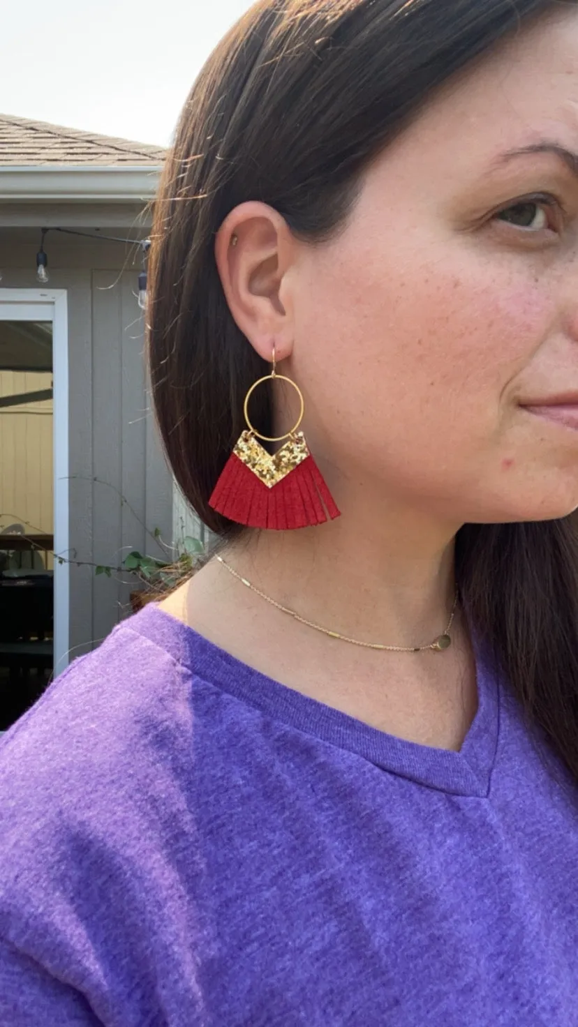 KC-Style Dainty Gold Circle with Gold Glitter Chevron & Genuine Leather Fringe Earrings