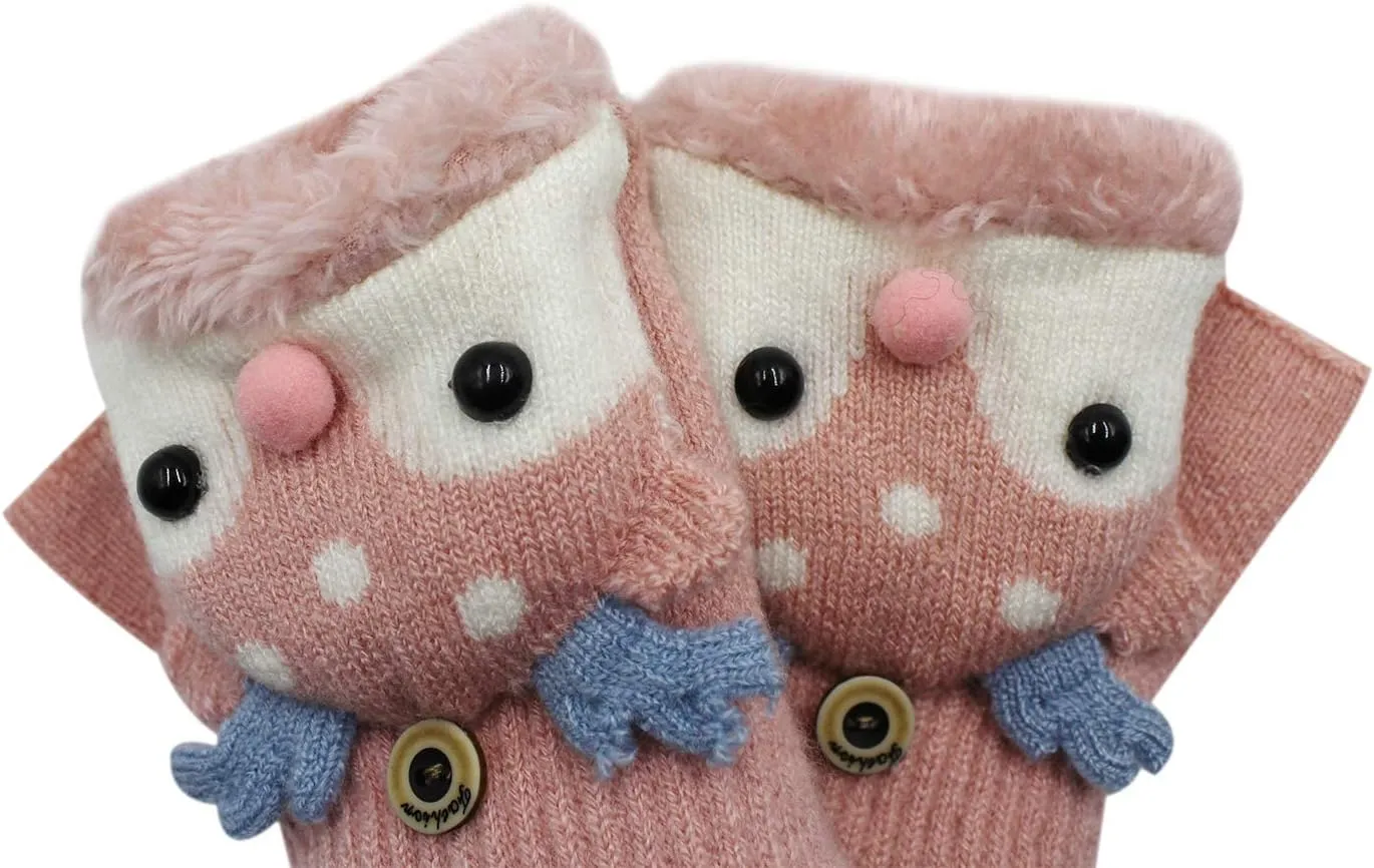 Kids Toddlers Cute Reindeer Fleece Lined Gloves Convertible Flip Top Fingerless Mittens for Boys Girls