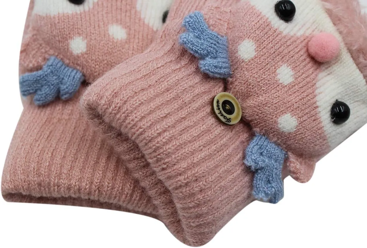 Kids Toddlers Cute Reindeer Fleece Lined Gloves Convertible Flip Top Fingerless Mittens for Boys Girls