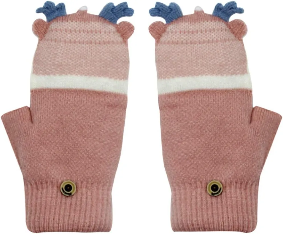 Kids Toddlers Cute Reindeer Fleece Lined Gloves Convertible Flip Top Fingerless Mittens for Boys Girls