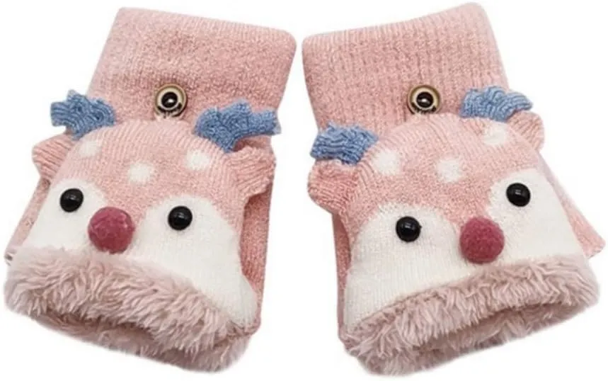 Kids Toddlers Cute Reindeer Fleece Lined Gloves Convertible Flip Top Fingerless Mittens for Boys Girls