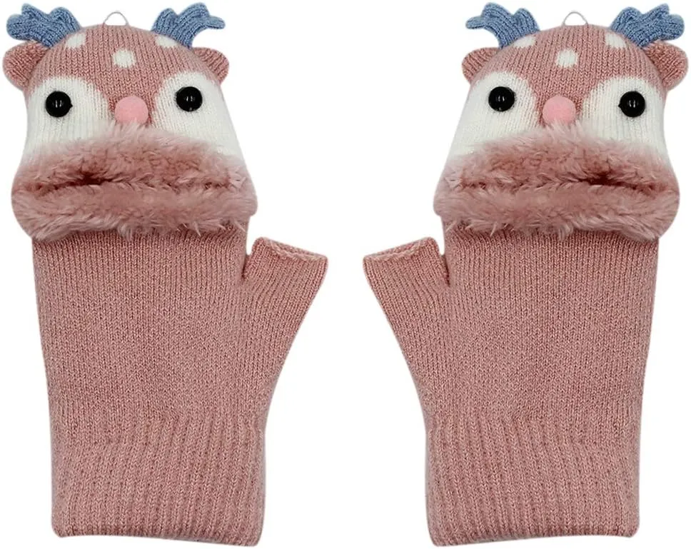 Kids Toddlers Cute Reindeer Fleece Lined Gloves Convertible Flip Top Fingerless Mittens for Boys Girls