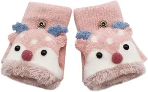 Kids Toddlers Cute Reindeer Fleece Lined Gloves Convertible Flip Top Fingerless Mittens for Boys Girls