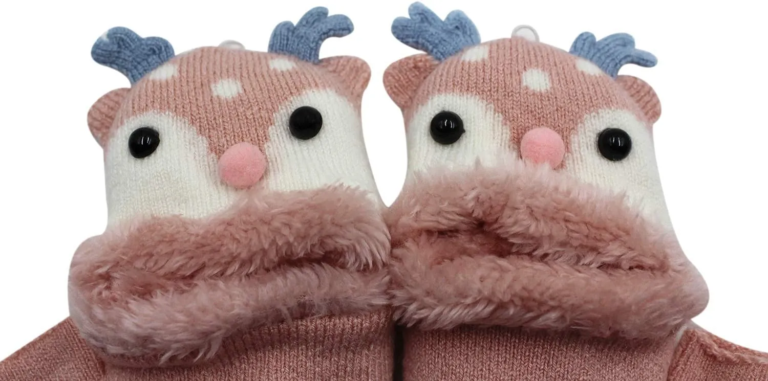 Kids Toddlers Cute Reindeer Fleece Lined Gloves Convertible Flip Top Fingerless Mittens for Boys Girls