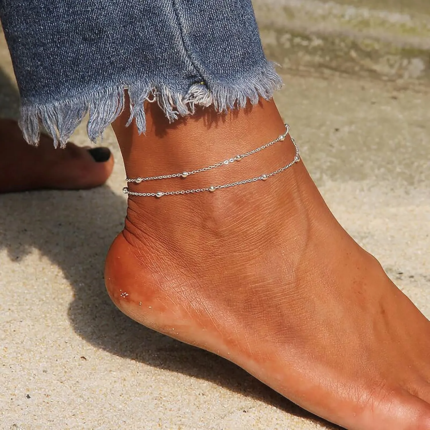 Kyerlyn Dainty Simple Chain Anklet for Women 18k Gold/Silver Plated Summer Beach Beaded Evil Eye Moon Figaro Butterfly Satellite Cuban Pearl Flat Marina Anklet Gift