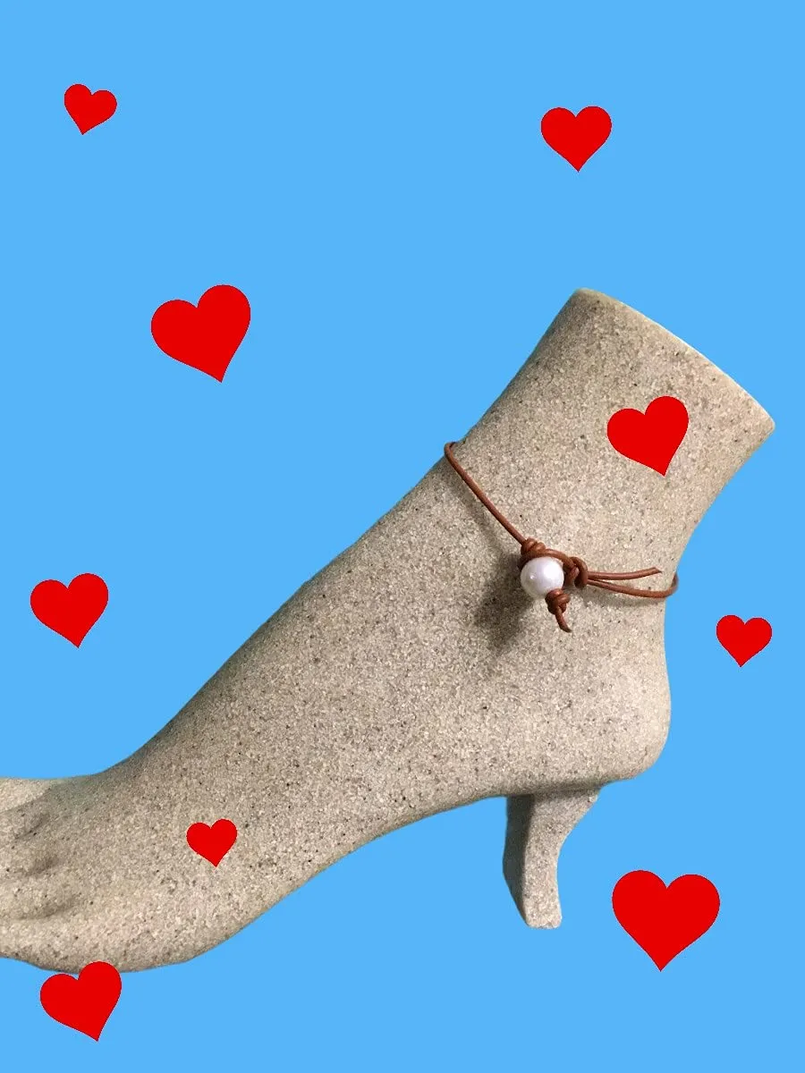 Leather and Pearl Anklet, Adjustable Sterling Silver Chain and Pearl Anklet (#4 Light Brown, 9"/Lobster clasp with extension)