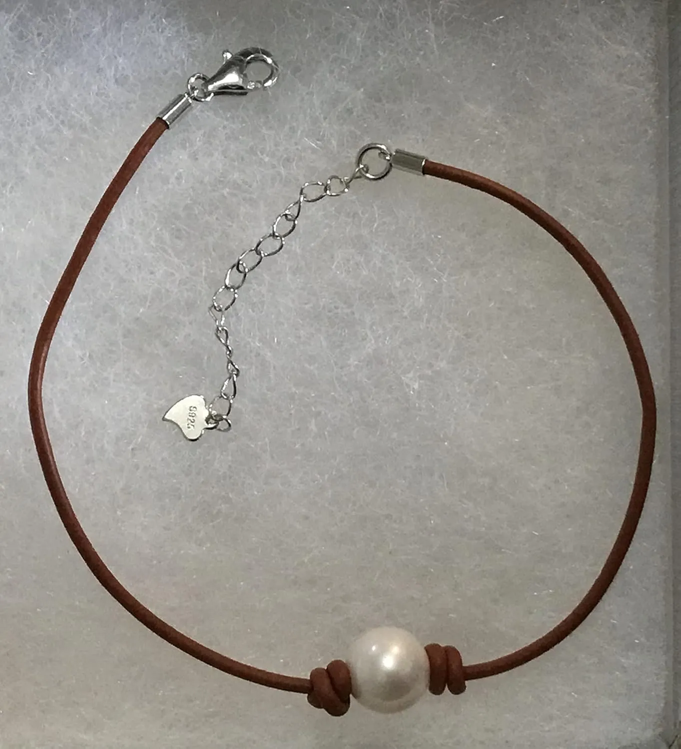 Leather and Pearl Anklet, Adjustable Sterling Silver Chain and Pearl Anklet (#4 Light Brown, 9"/Lobster clasp with extension)