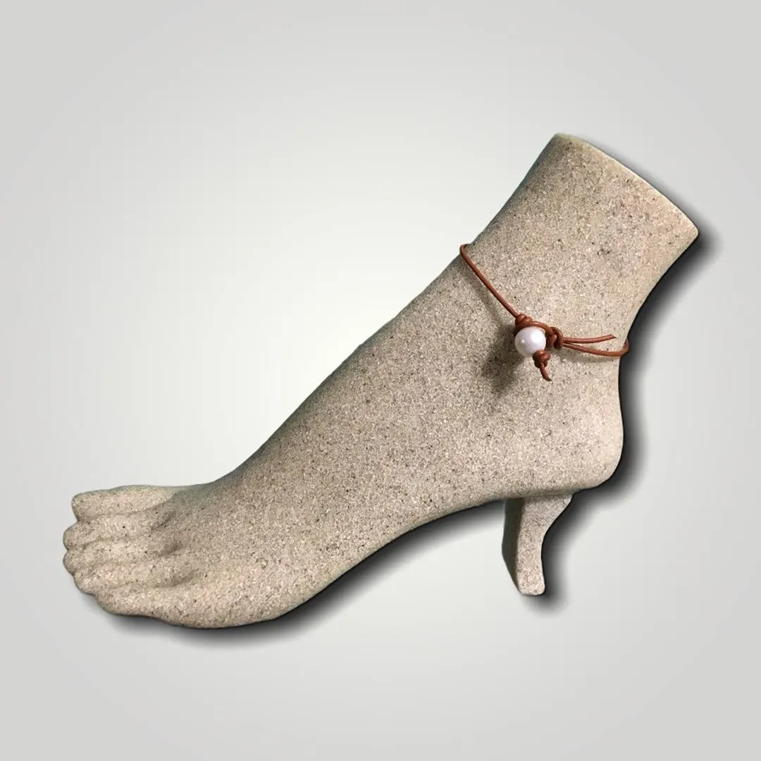 Leather and Pearl Anklet, Adjustable Sterling Silver Chain and Pearl Anklet (#4 Light Brown, 9"/Lobster clasp with extension)