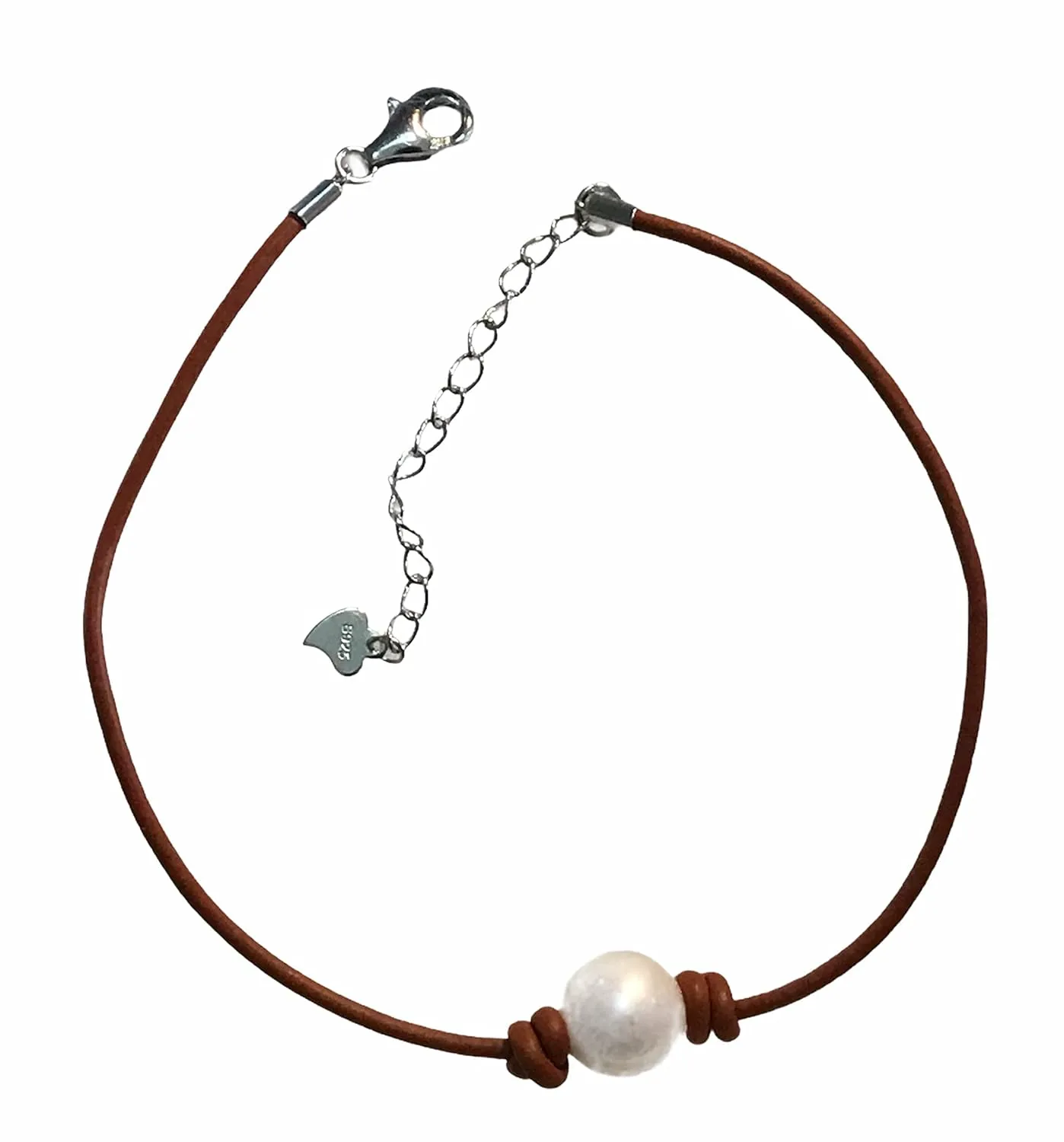 Leather and Pearl Anklet, Adjustable Sterling Silver Chain and Pearl Anklet (#4 Light Brown, 9"/Lobster clasp with extension)