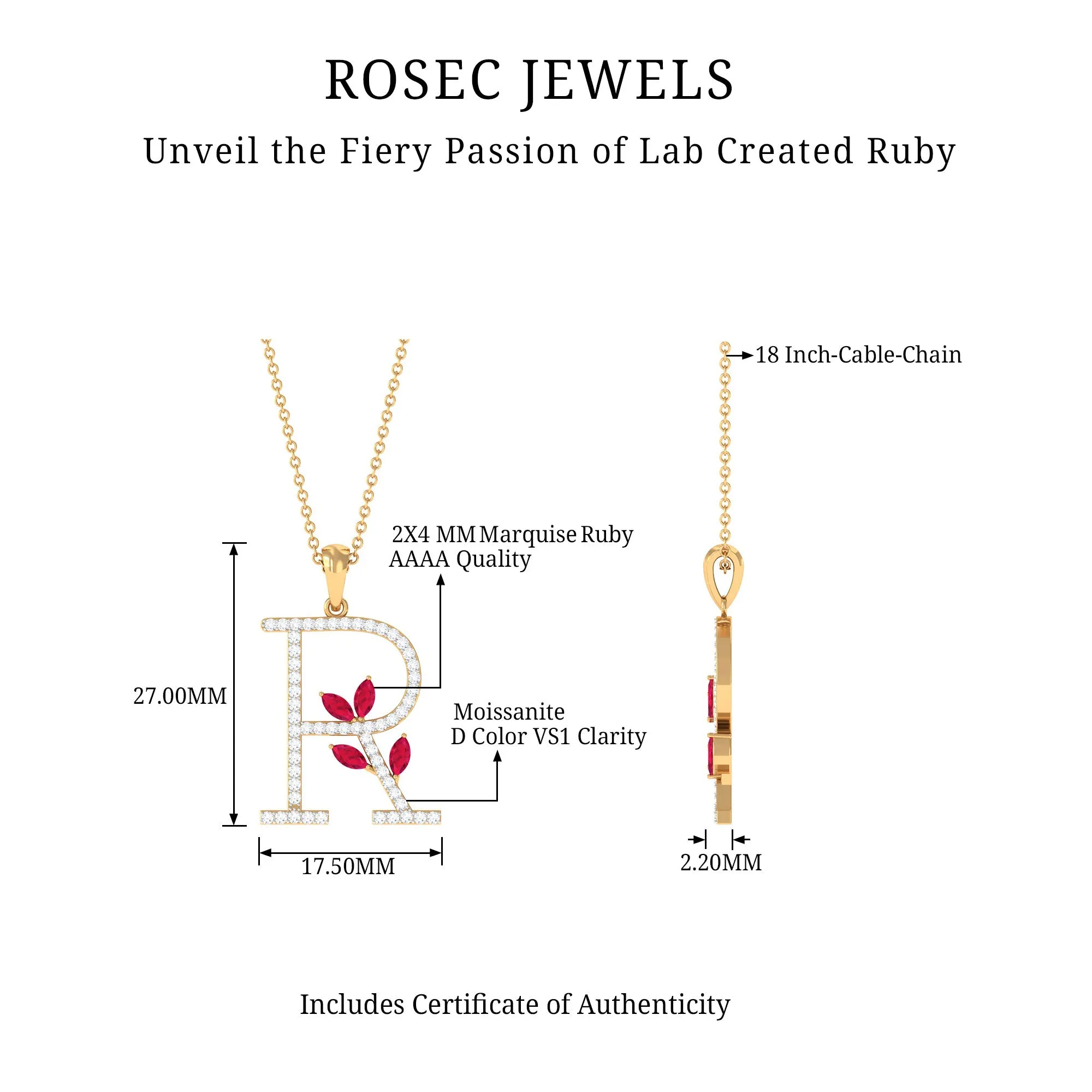 Moissanite R Initial Pendant Necklace With Lab Grown Ruby