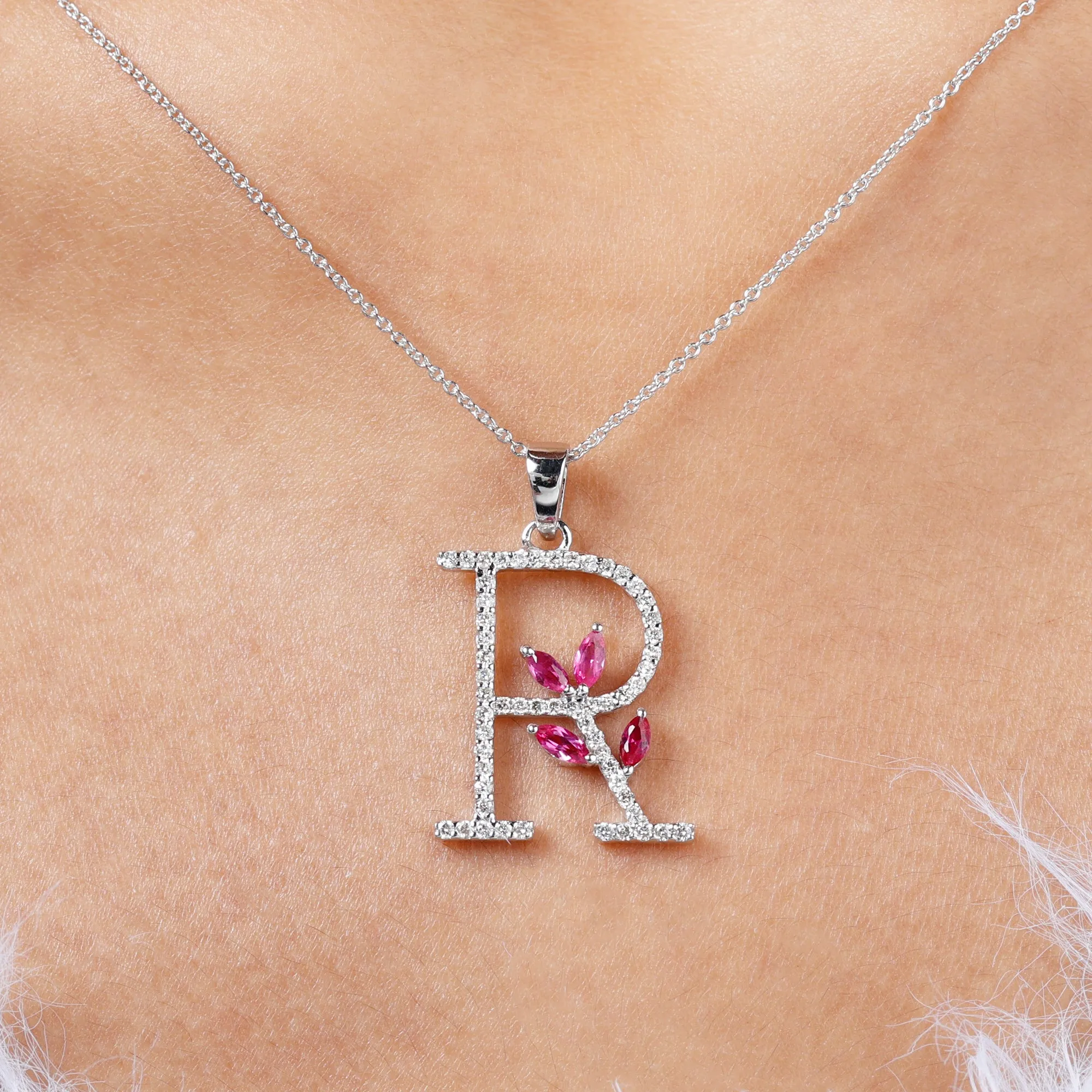 Moissanite R Initial Pendant Necklace With Lab Grown Ruby