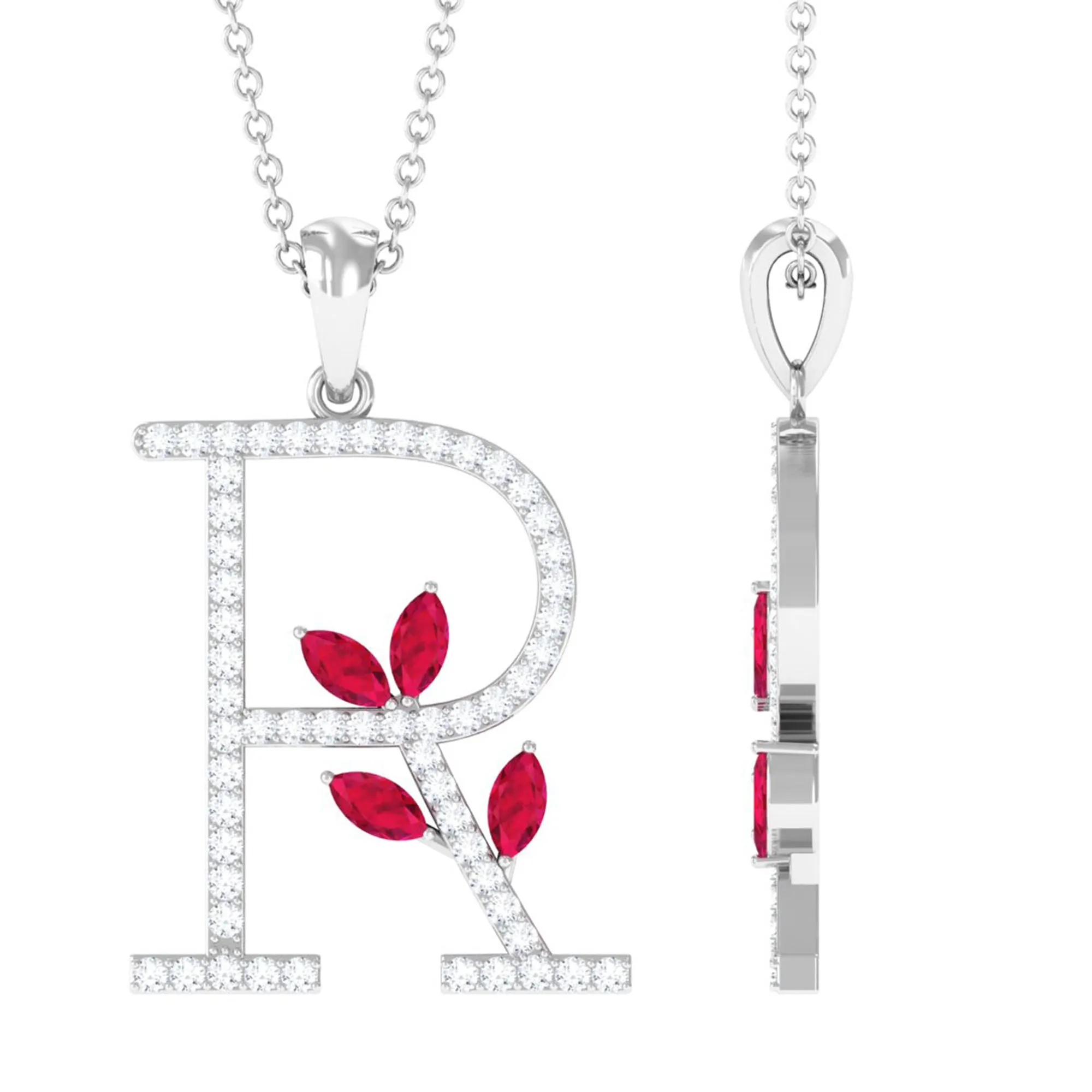Moissanite R Initial Pendant Necklace With Lab Grown Ruby
