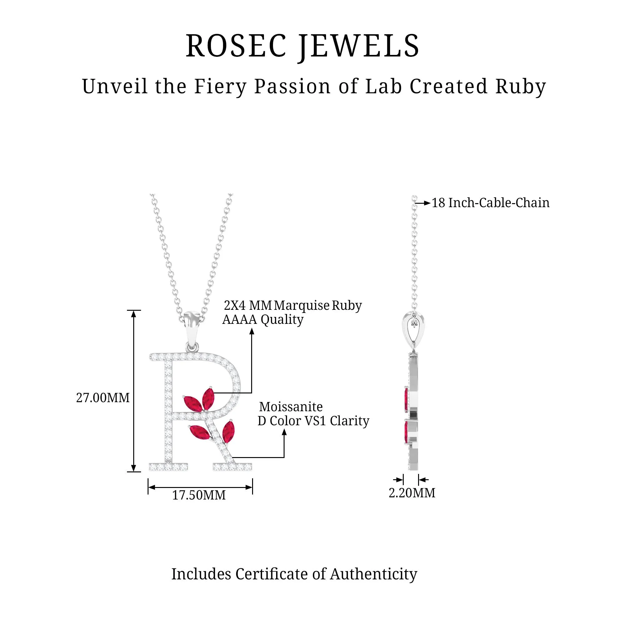 Moissanite R Initial Pendant Necklace With Lab Grown Ruby