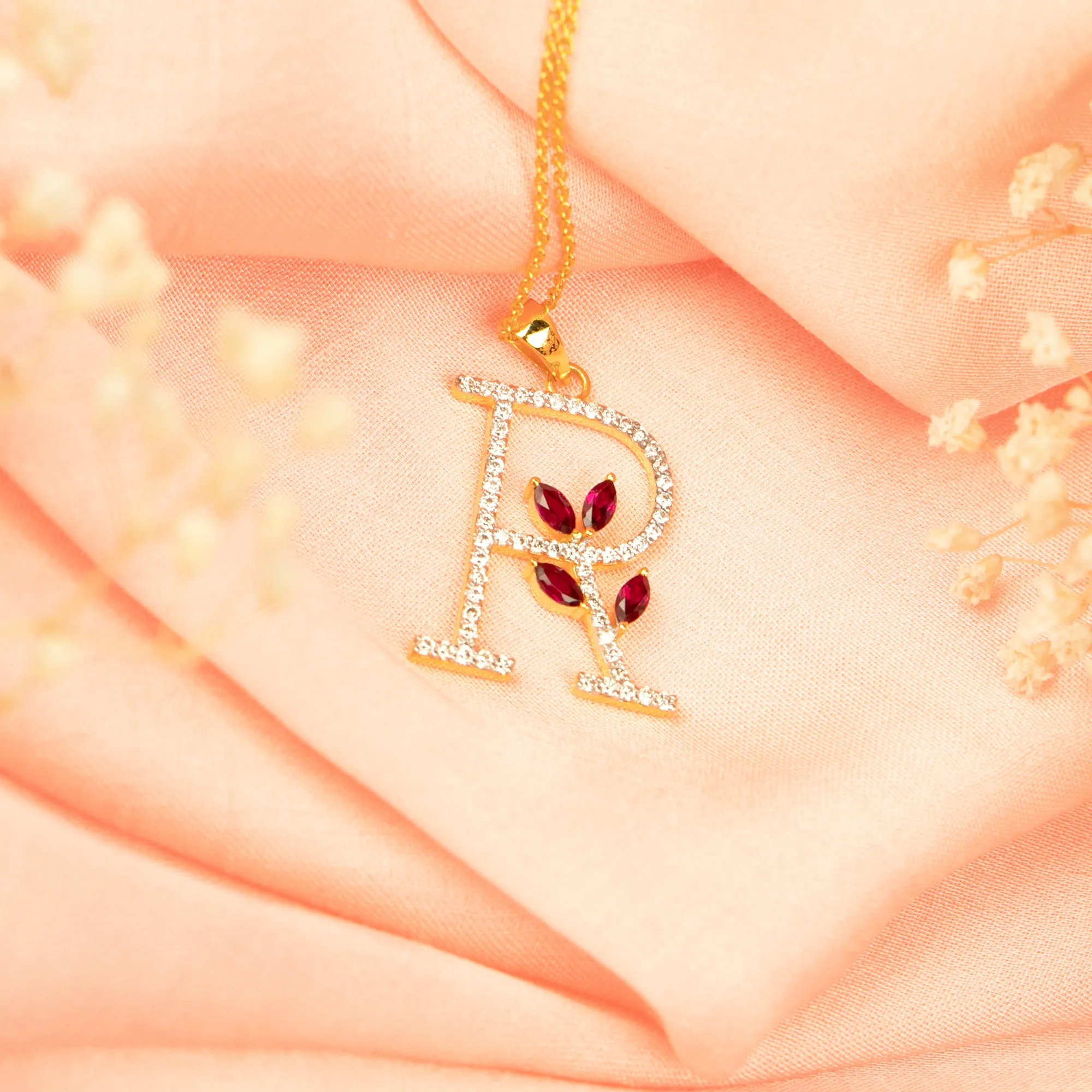 Moissanite R Initial Pendant Necklace With Lab Grown Ruby