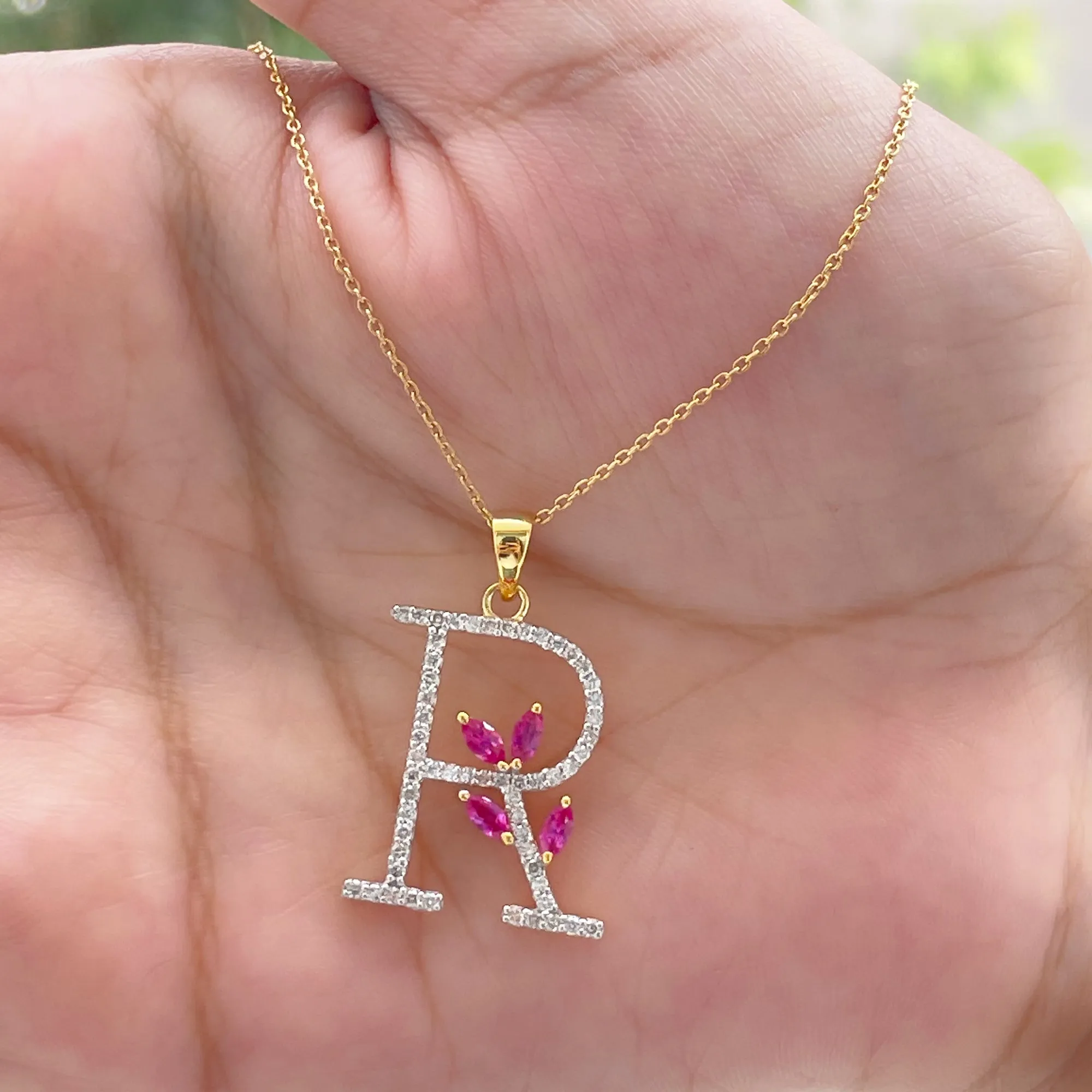 Moissanite R Initial Pendant Necklace With Lab Grown Ruby