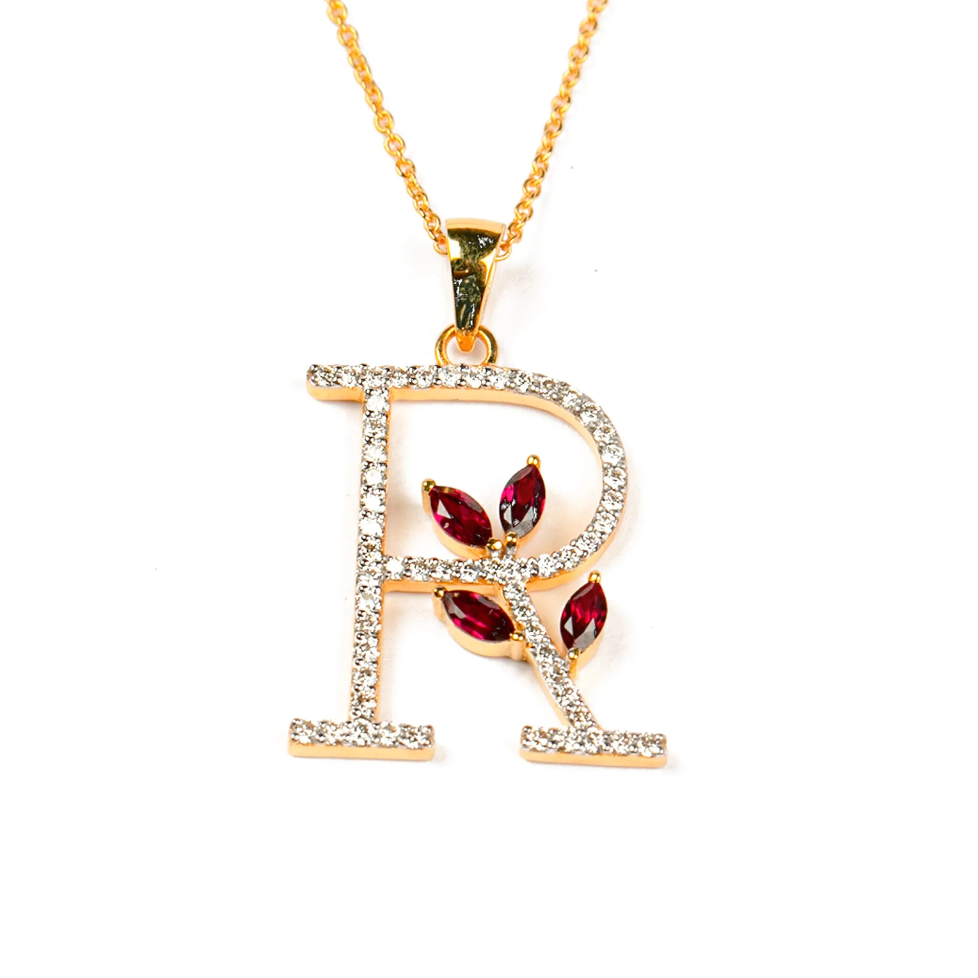 Moissanite R Initial Pendant Necklace With Lab Grown Ruby