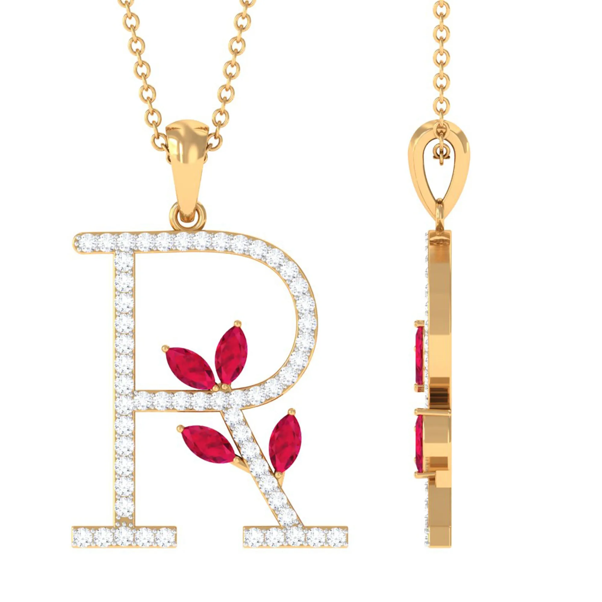 Moissanite R Initial Pendant Necklace With Lab Grown Ruby