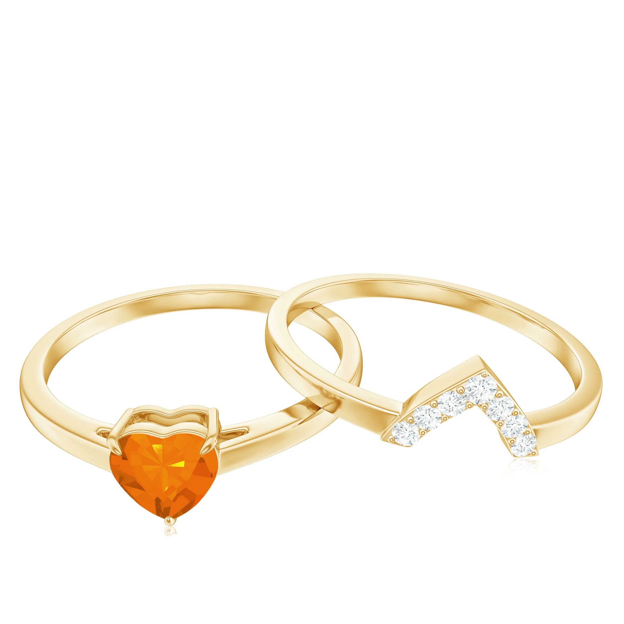 Natural Fire Opal Heart Solitaire Ring Set with Diamond Band