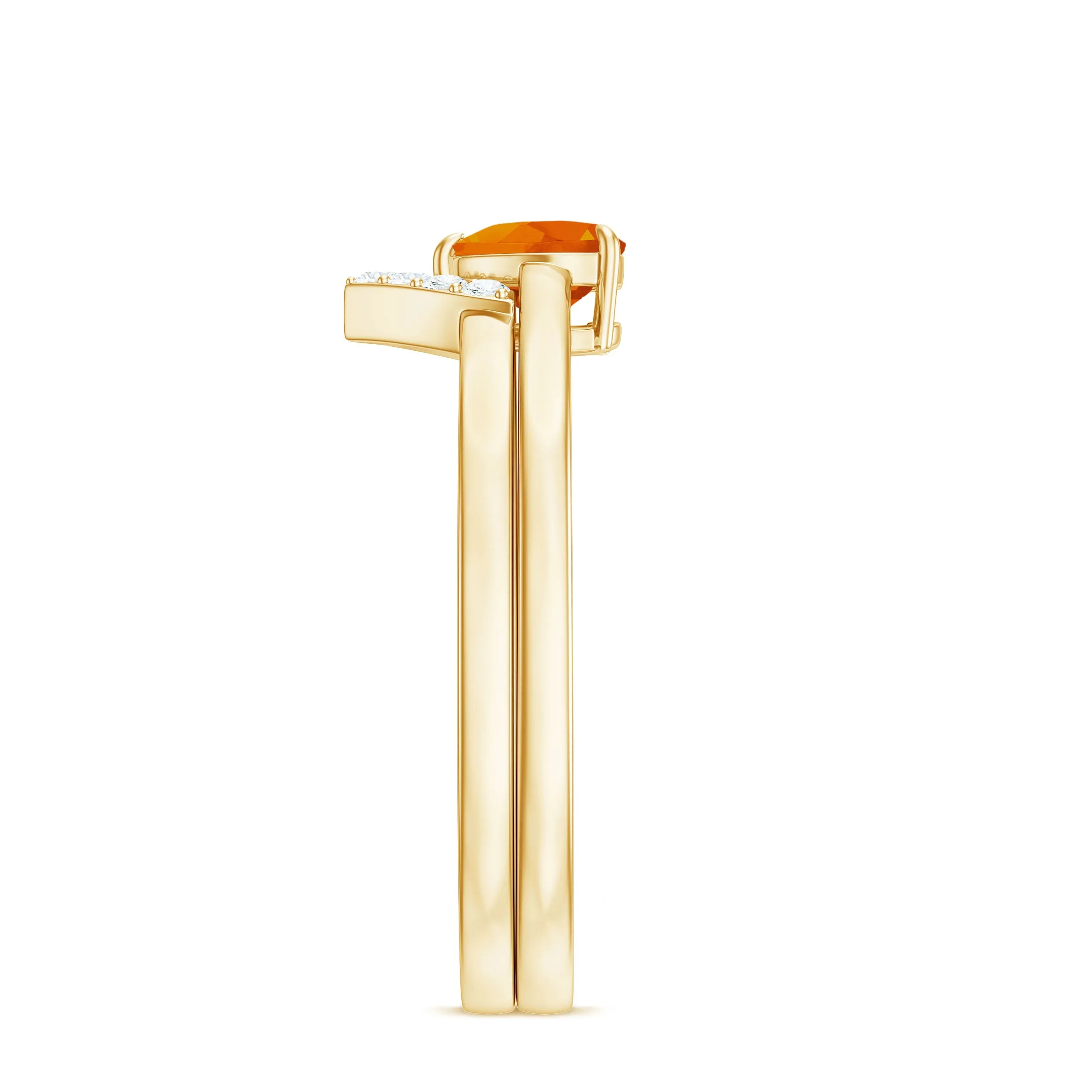 Natural Fire Opal Heart Solitaire Ring Set with Diamond Band