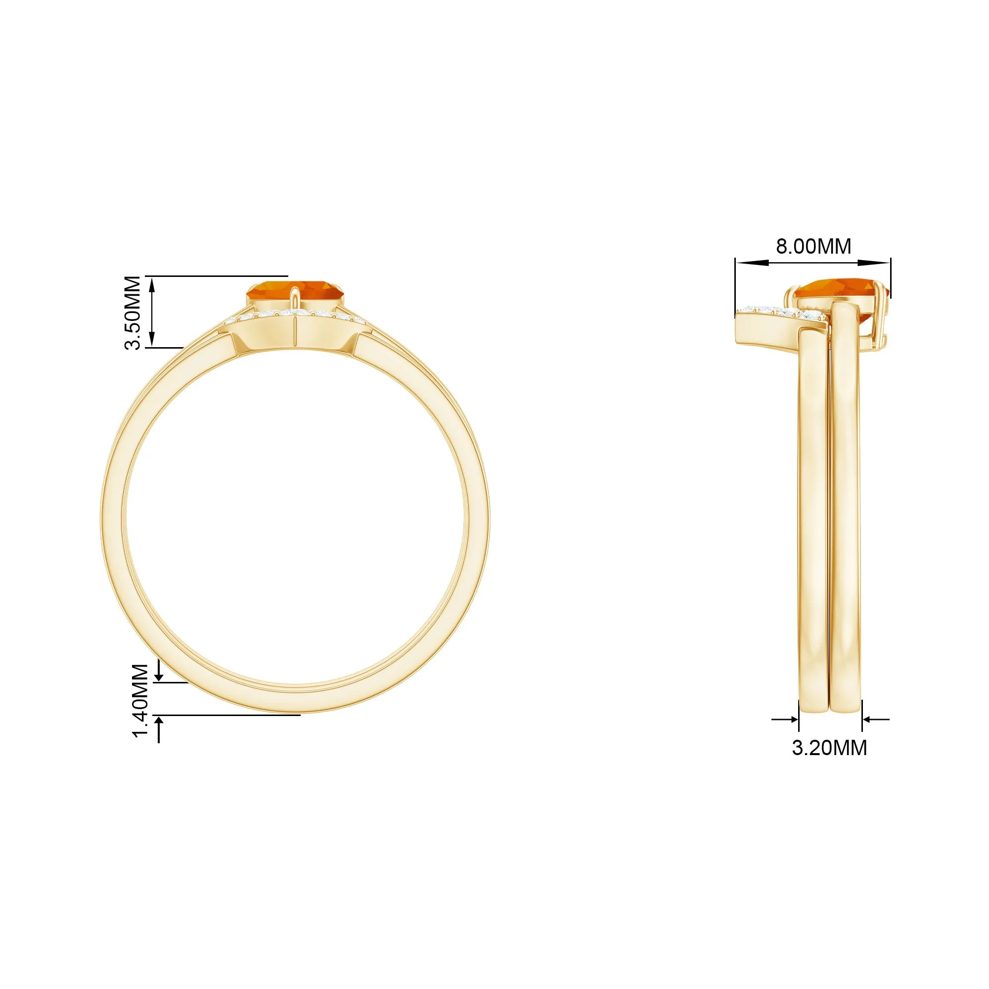 Natural Fire Opal Heart Solitaire Ring Set with Diamond Band