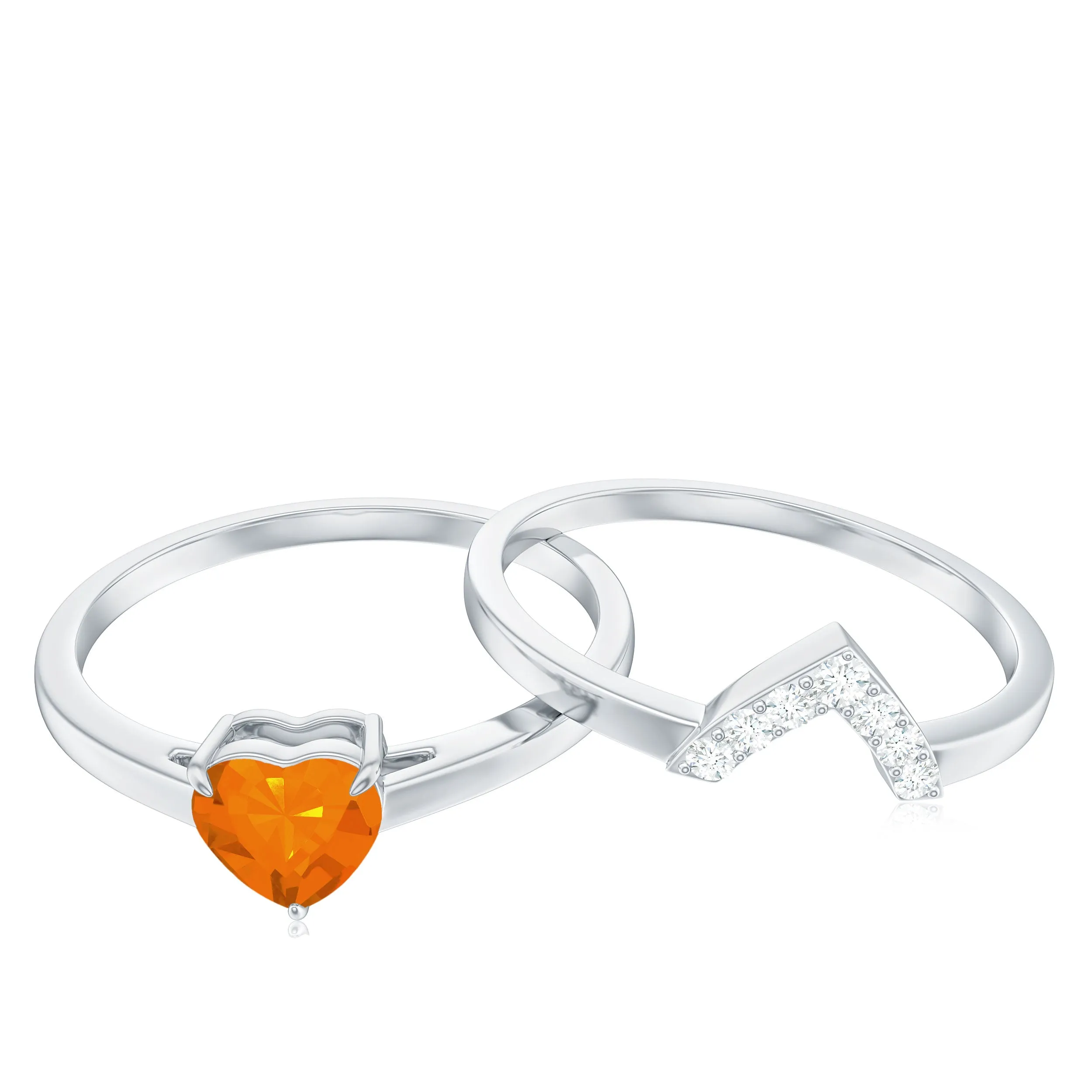 Natural Fire Opal Heart Solitaire Ring Set with Diamond Band