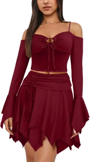 Ophestin Womens Y2K Fairy Dress Off Shoulder Handkerchief 2 Piece Skirts Set Fairycore Halloween Dress