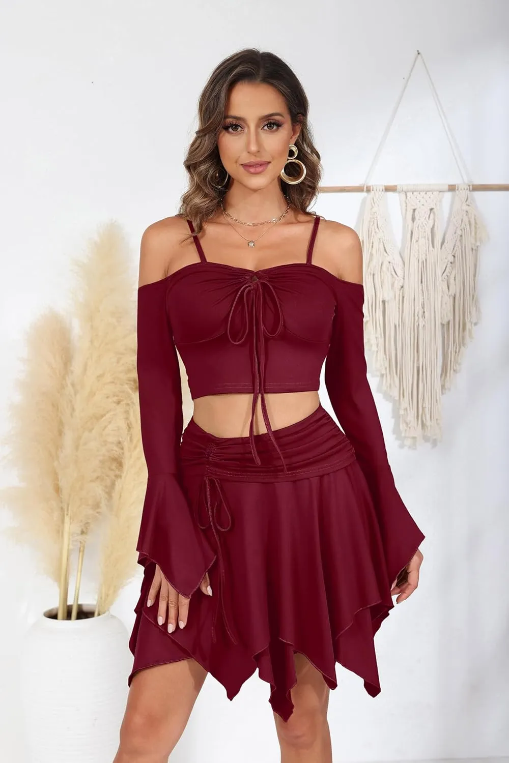 Ophestin Womens Y2K Fairy Dress Off Shoulder Handkerchief 2 Piece Skirts Set Fairycore Halloween Dress