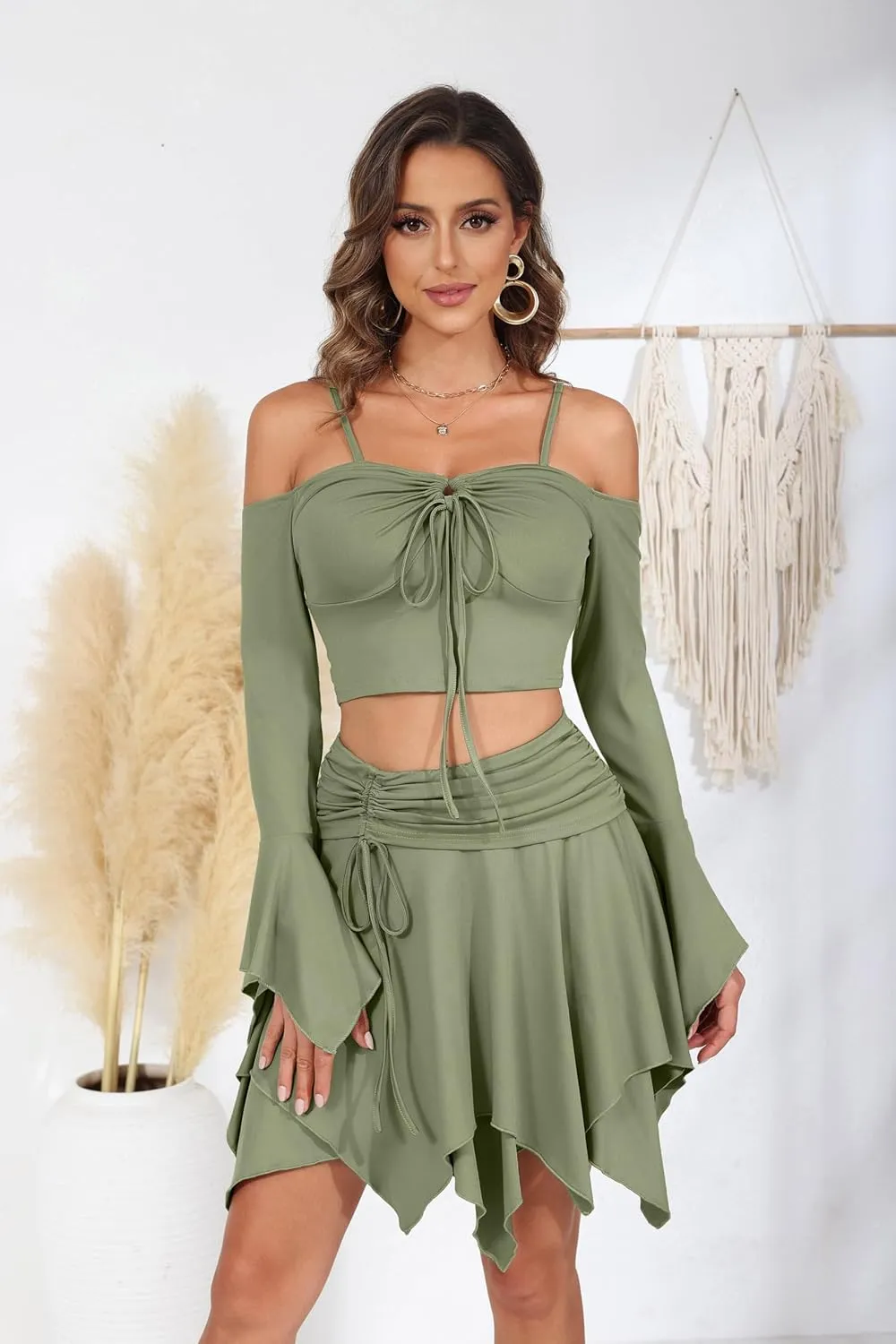 Ophestin Womens Y2K Fairy Dress Off Shoulder Handkerchief 2 Piece Skirts Set Fairycore Halloween Dress