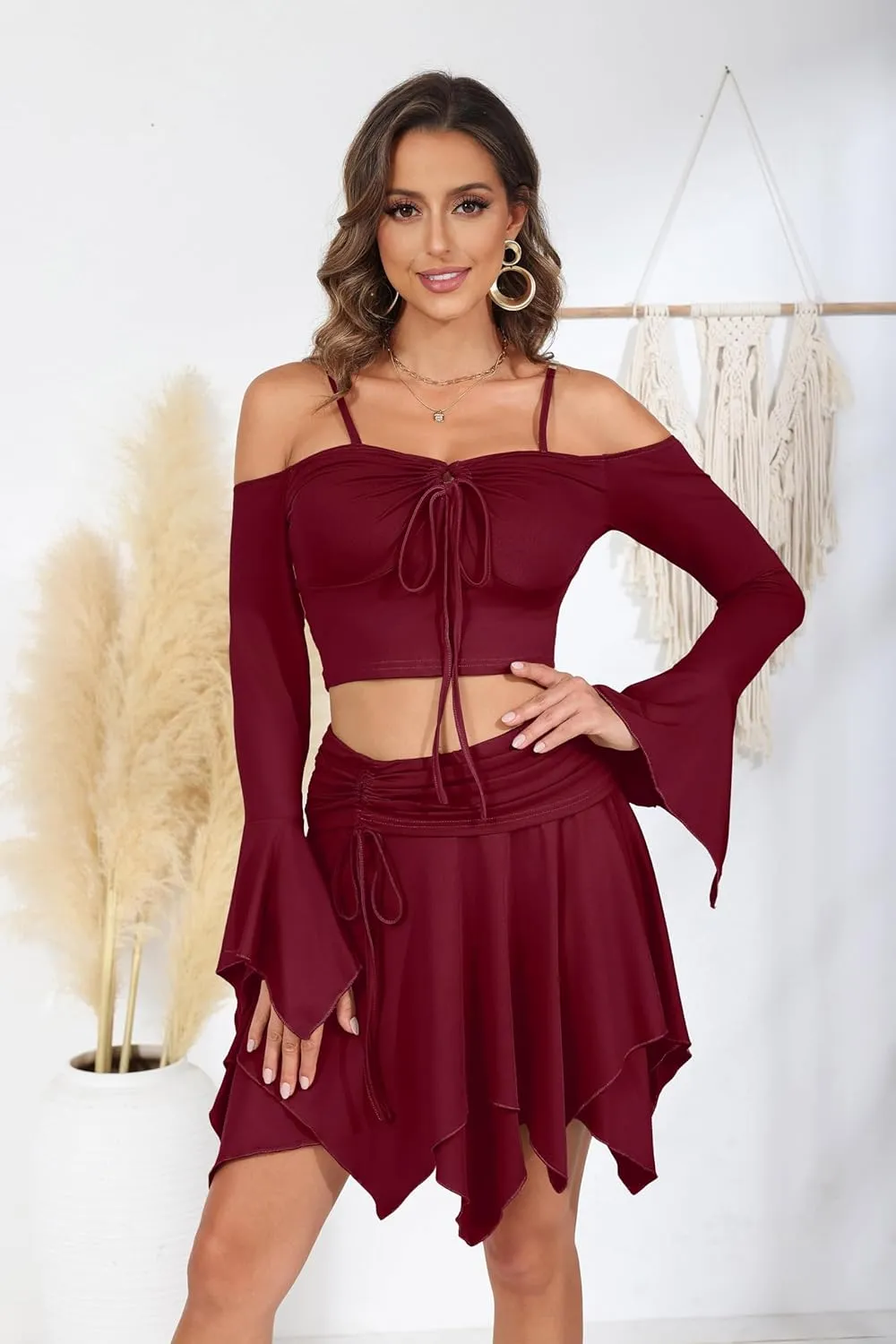 Ophestin Womens Y2K Fairy Dress Off Shoulder Handkerchief 2 Piece Skirts Set Fairycore Halloween Dress