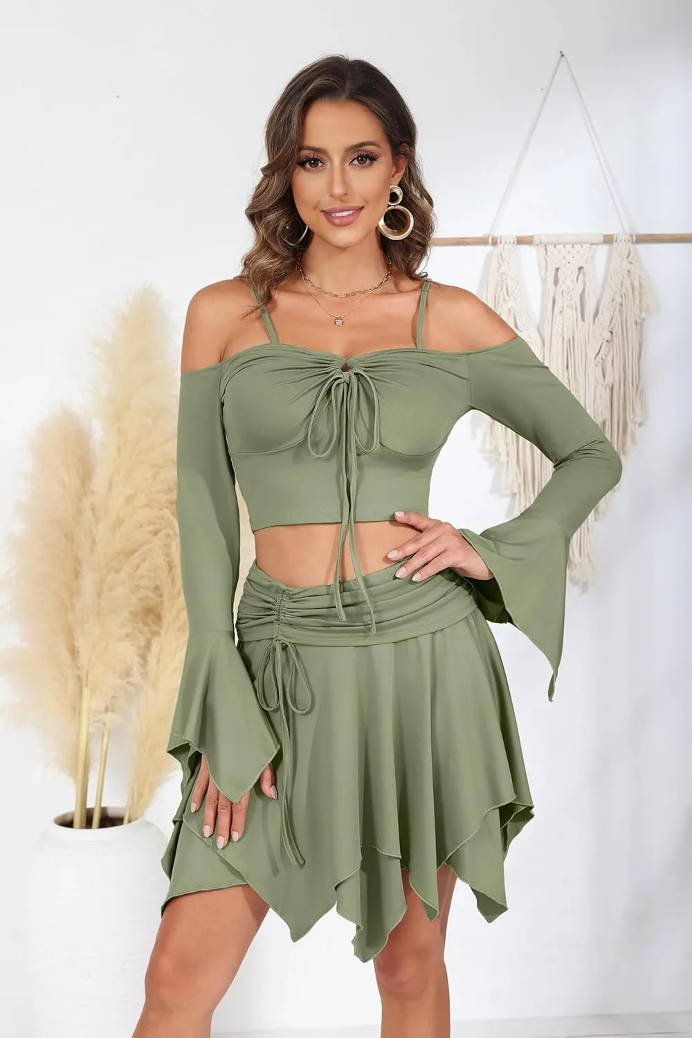 Ophestin Womens Y2K Fairy Dress Off Shoulder Handkerchief 2 Piece Skirts Set Fairycore Halloween Dress