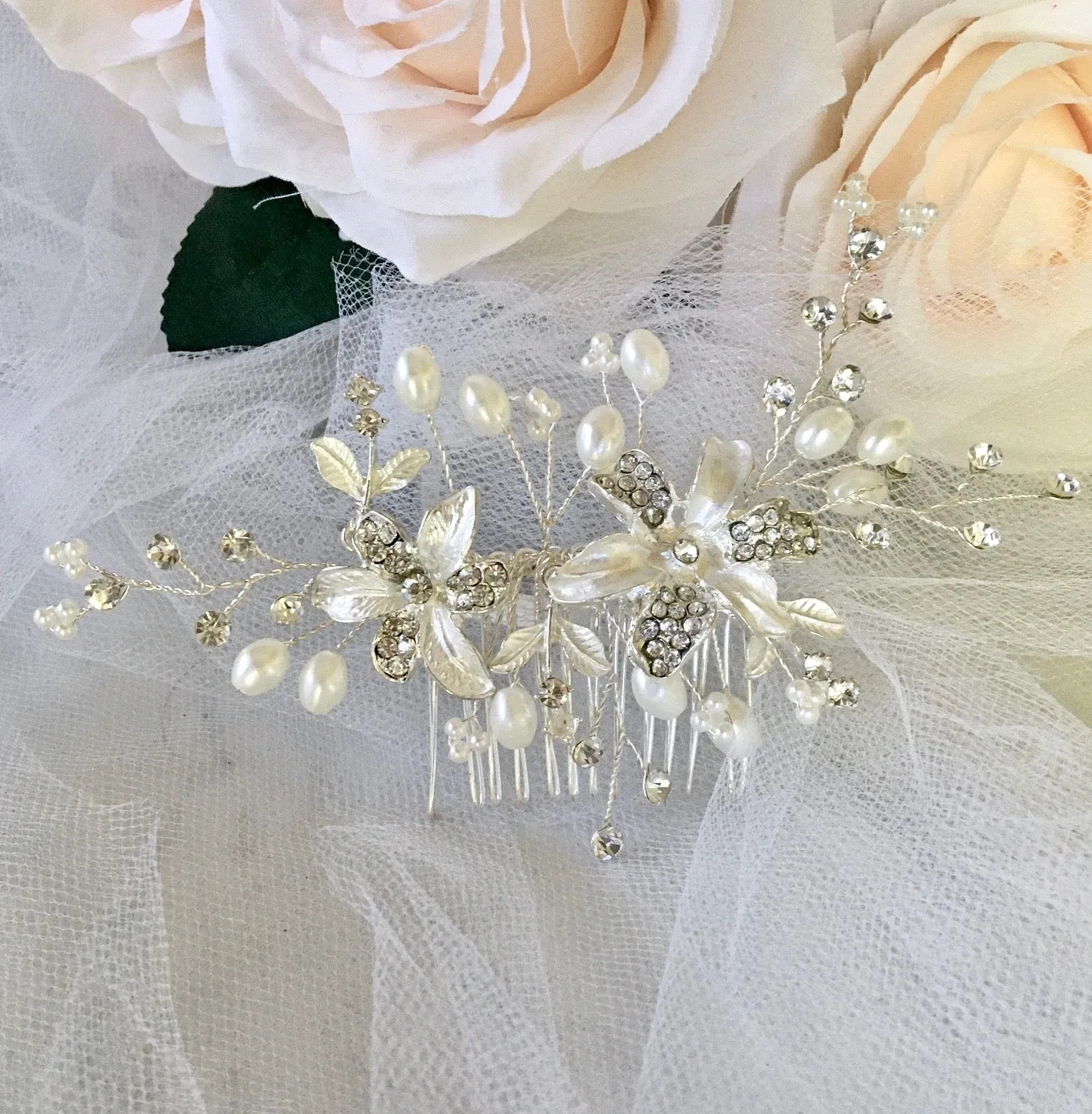 "Andrea" - Silver Pearl and Crystal Bridal Hair Comb