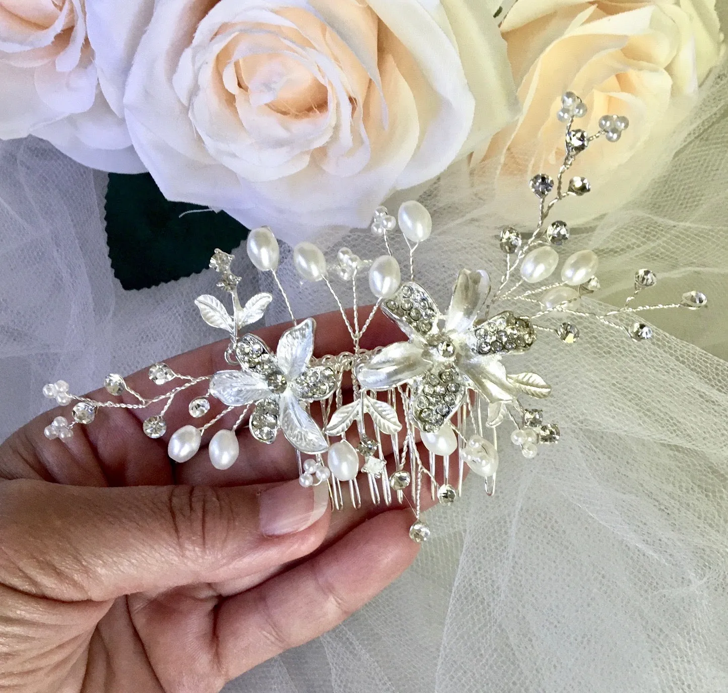 "Andrea" - Silver Pearl and Crystal Bridal Hair Comb