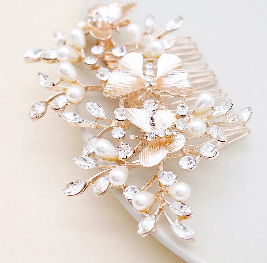 "Bindi" - Rose Gold Butterfly Bridal Hair Comb
