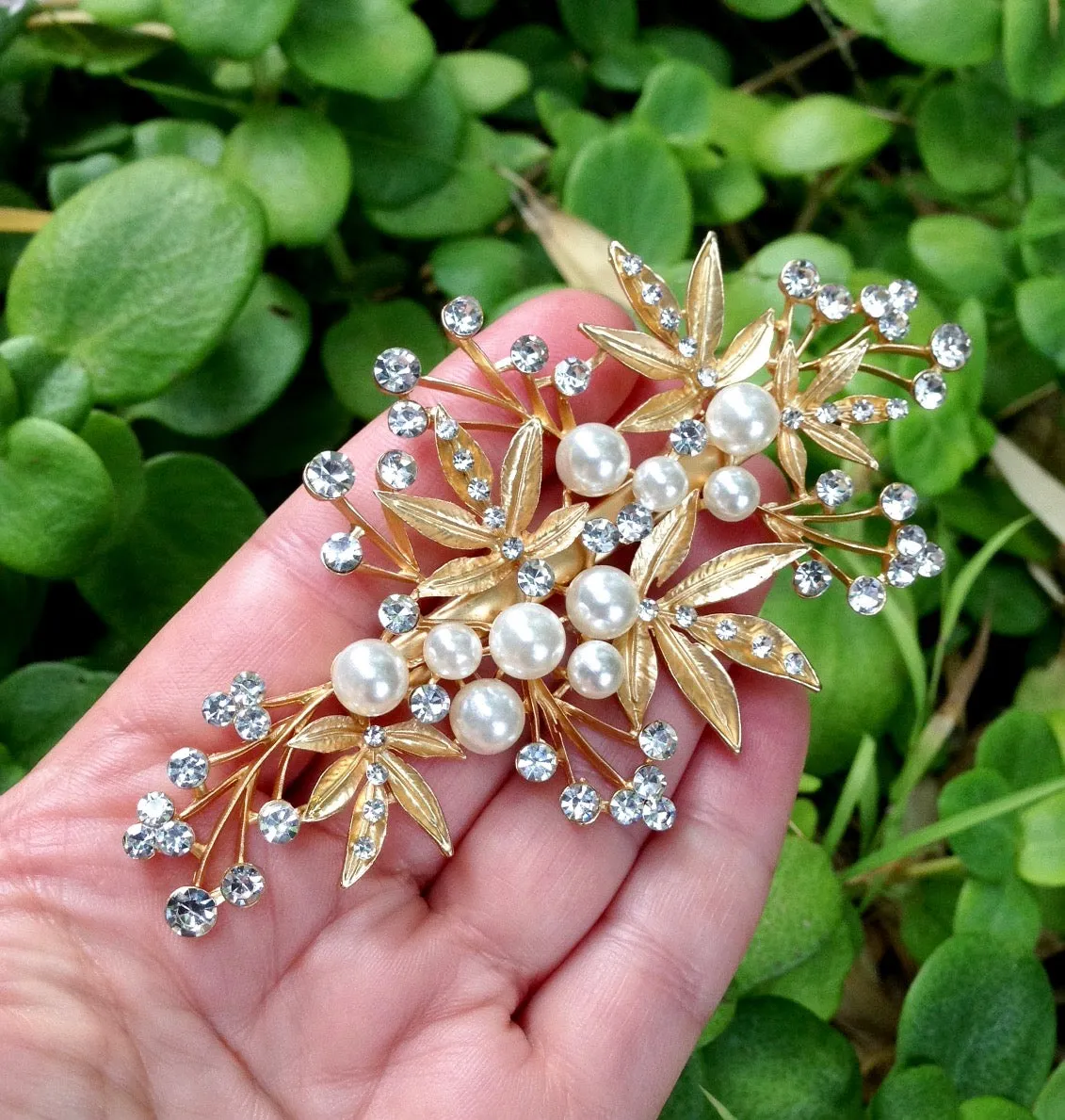 "Briony" - Gold Pearl and Crystal Bridal Hair Clip