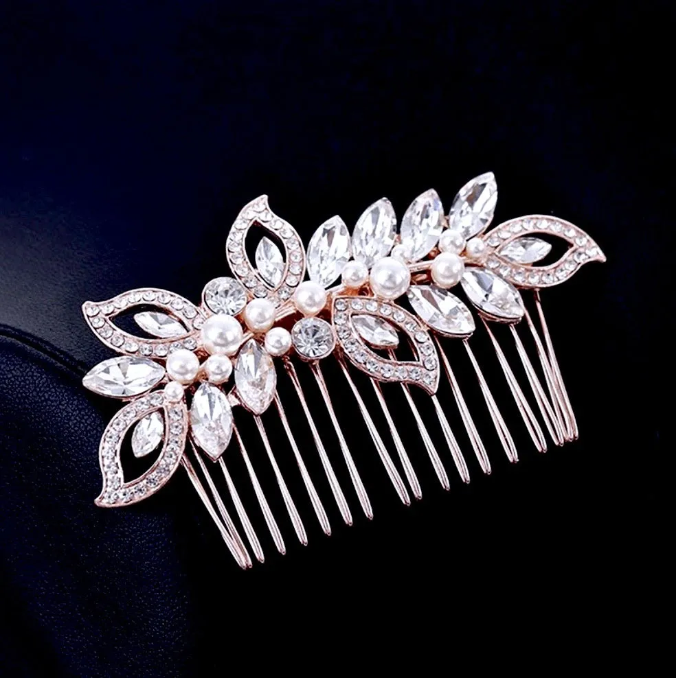 "Cleo" - Pearl and Crystal Bridal Hair Comb - Available in Rose Gold and Silver