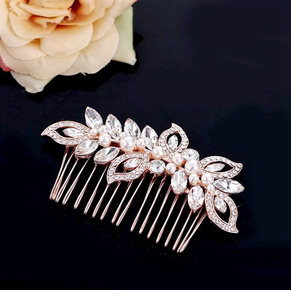 "Cleo" - Pearl and Crystal Bridal Hair Comb - Available in Rose Gold and Silver