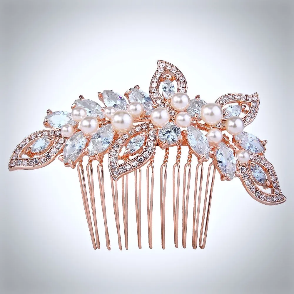 "Cleo" - Pearl and Crystal Bridal Hair Comb - Available in Rose Gold and Silver